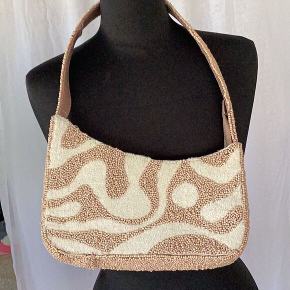 Viral Asymmetrical Beaded Handbag Purse Blush Ivory Zipper Top - Picture 5 of 7